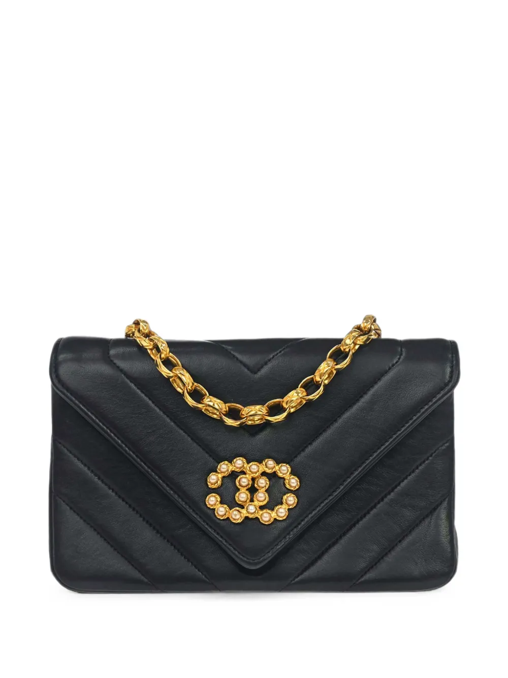 CHANEL Pre-Owned 1991-1994 Chevron Flap pearl-CC mini bag - Blu