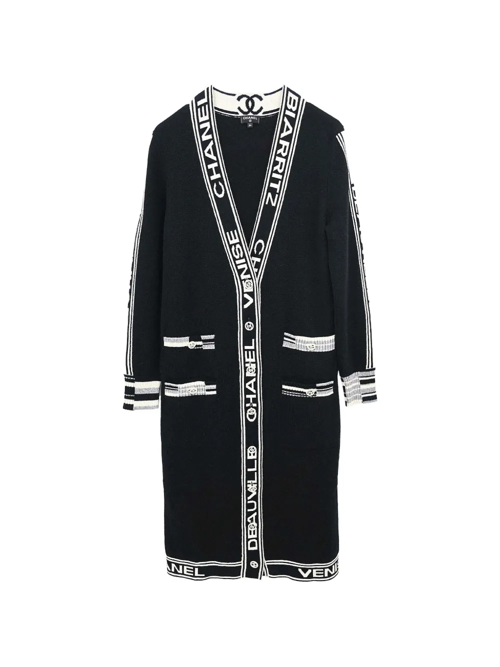 Pre-owned Chanel Logo-intarsia Long-line Cardigan In Black