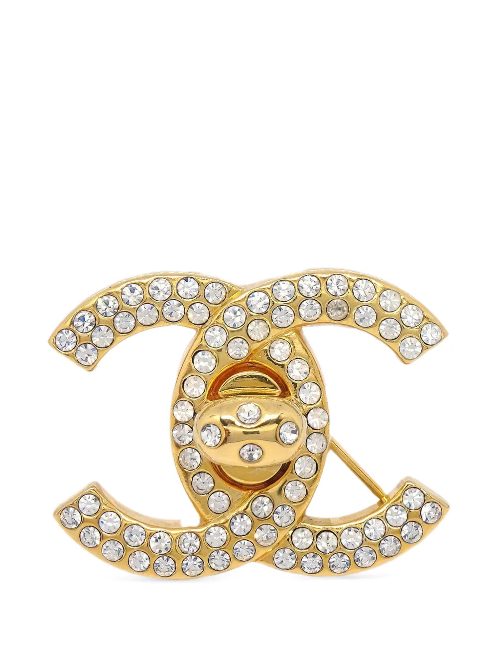 CHANEL Pre-Owned CC Turnlock rhinestone-embellished brooch - Gold