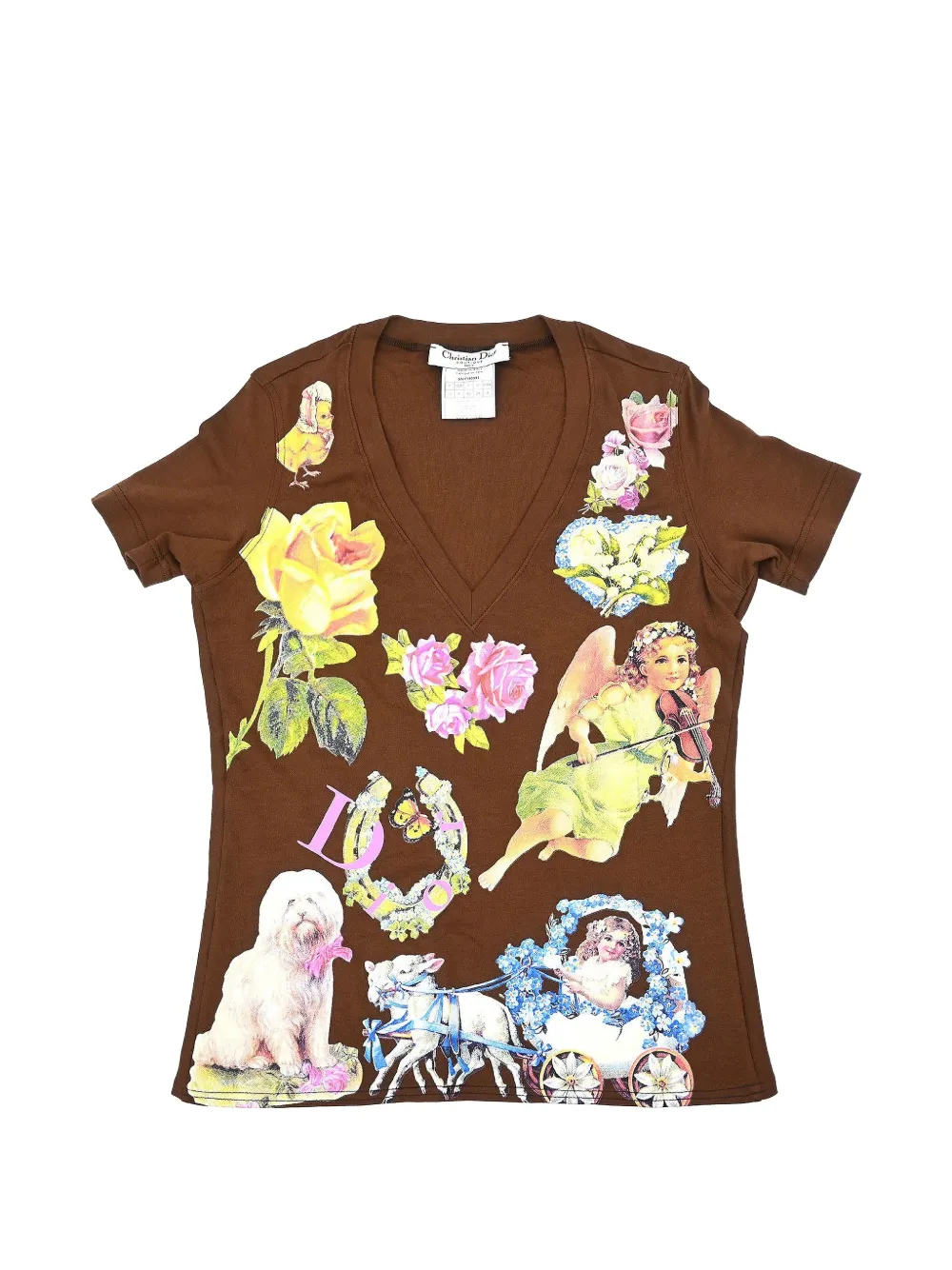 Christian Dior Pre-Owned 2005 Romantic Print V-neck T-shirt - Marron