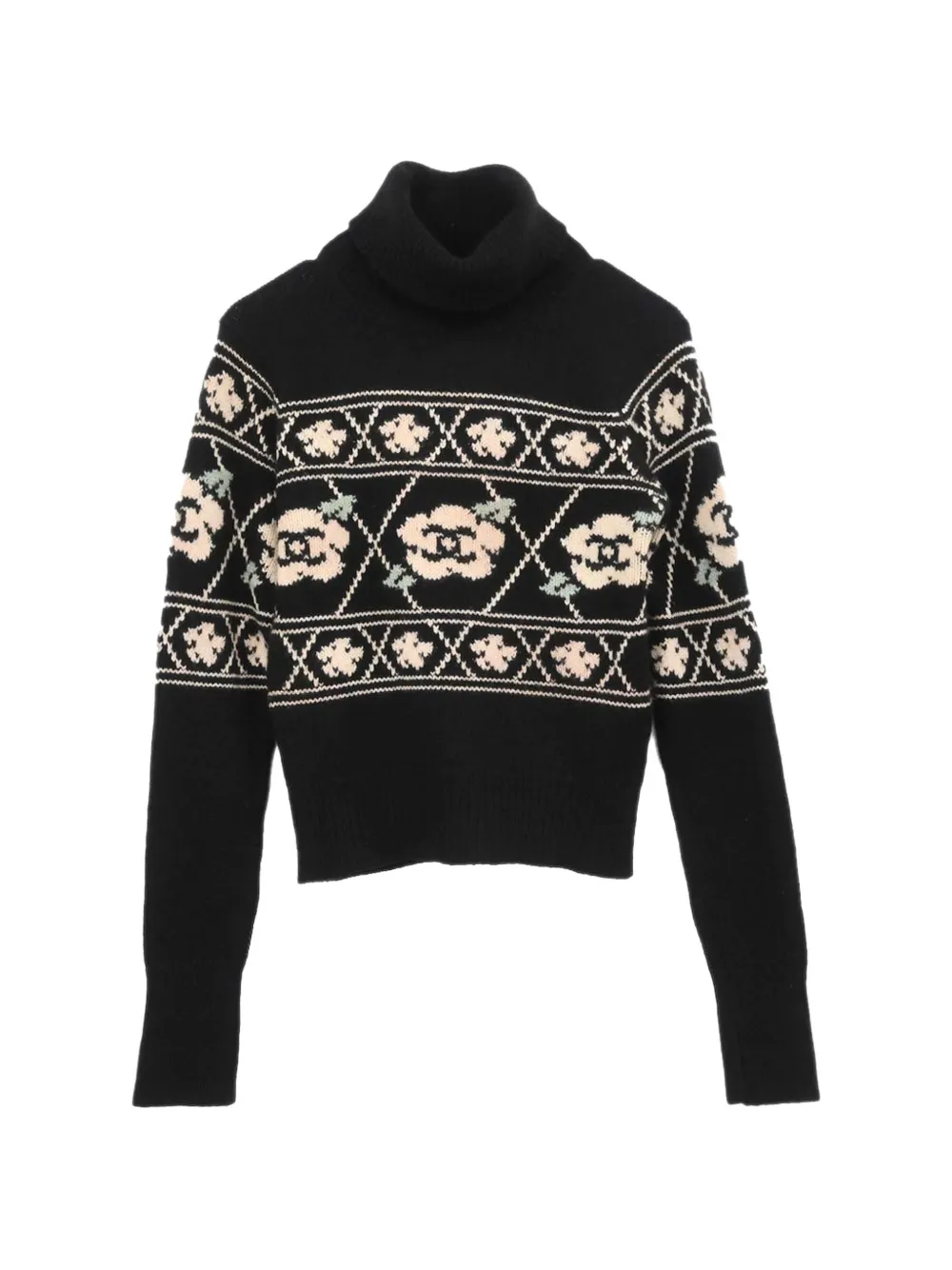 Pre-owned Chanel 1995 Camellia-pattern Roll-neck Sweater In Black