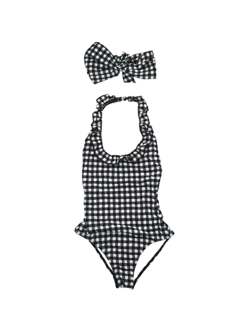 CHANEL Pre-Owned ensemble maillot de bain à carreaux vichy et volants deux pièces (2010) - Noir CHANEL Pre-Owned ensemble maillot de bain à carreaux vichy et volants deux pièces (2010) - Noir