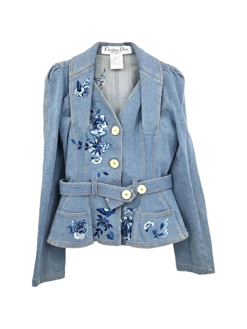 Christian Dior Pre-Owned embroidered belted denim jacket - Bleu Christian Dior Pre-Owned embroidered belted denim jacket - Bleu