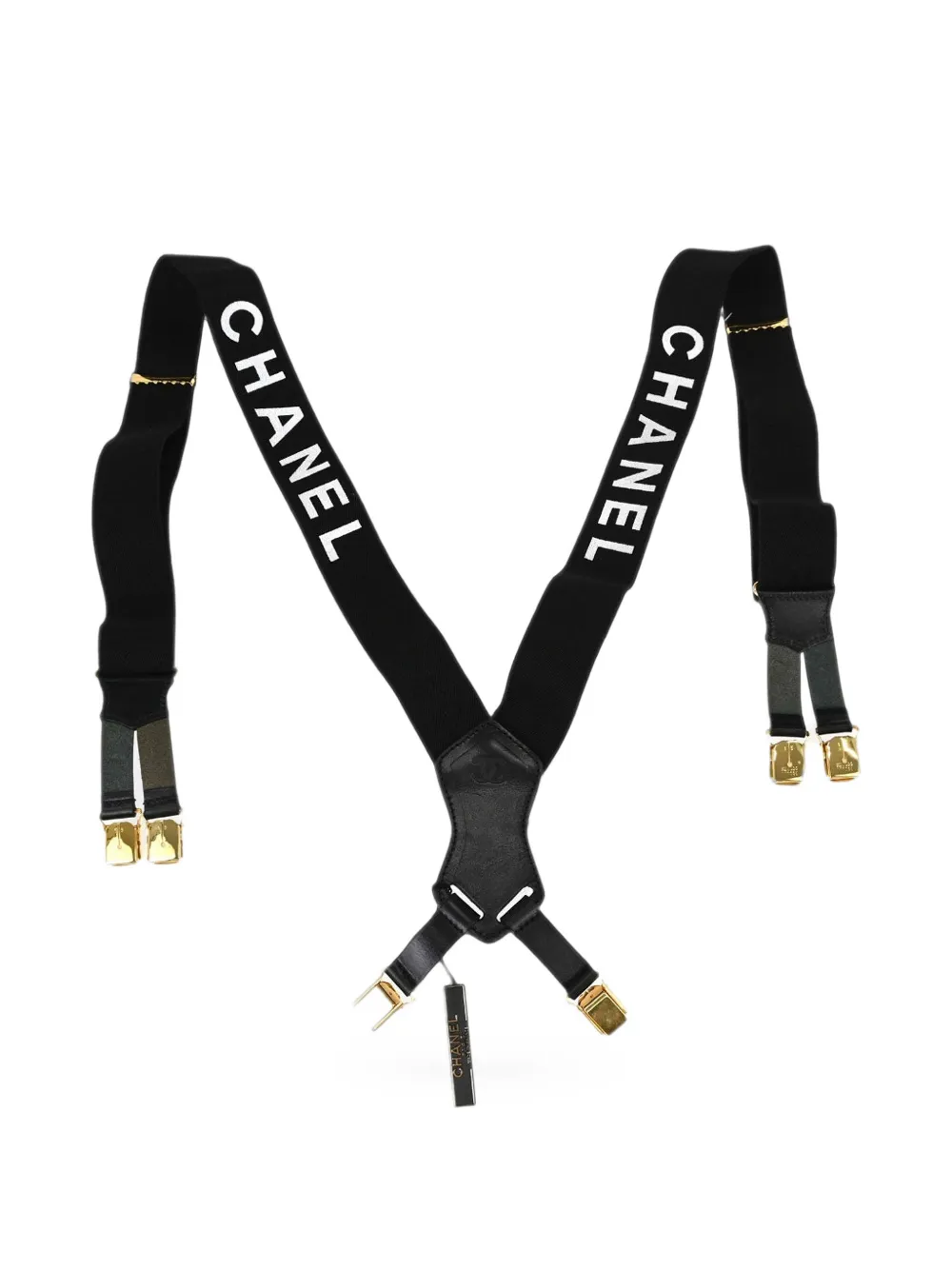 CHANEL Pre-Owned logo-print leather-trim suspenders - Black