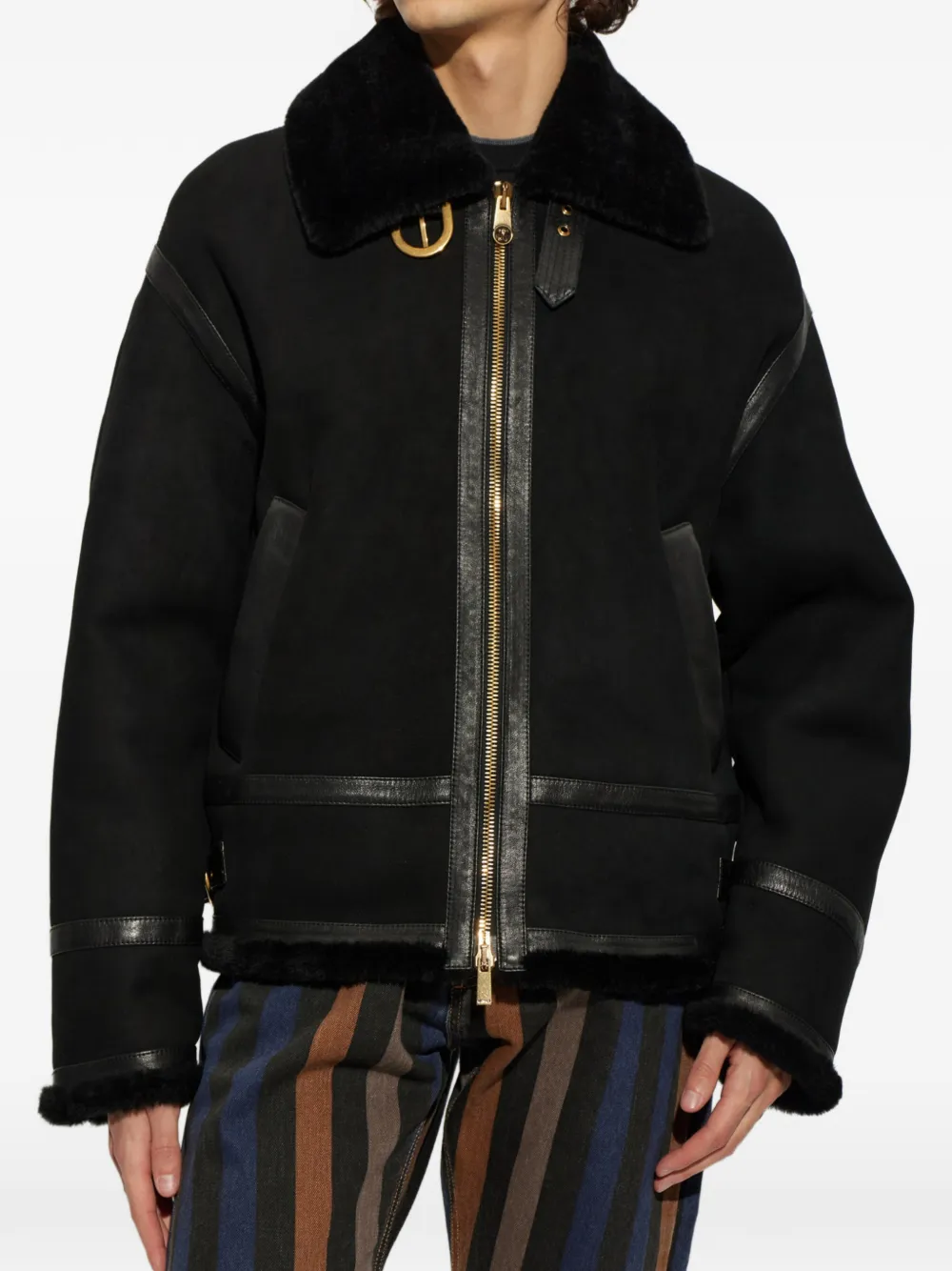 Versace shearling-trimmed leather jacket Zwart