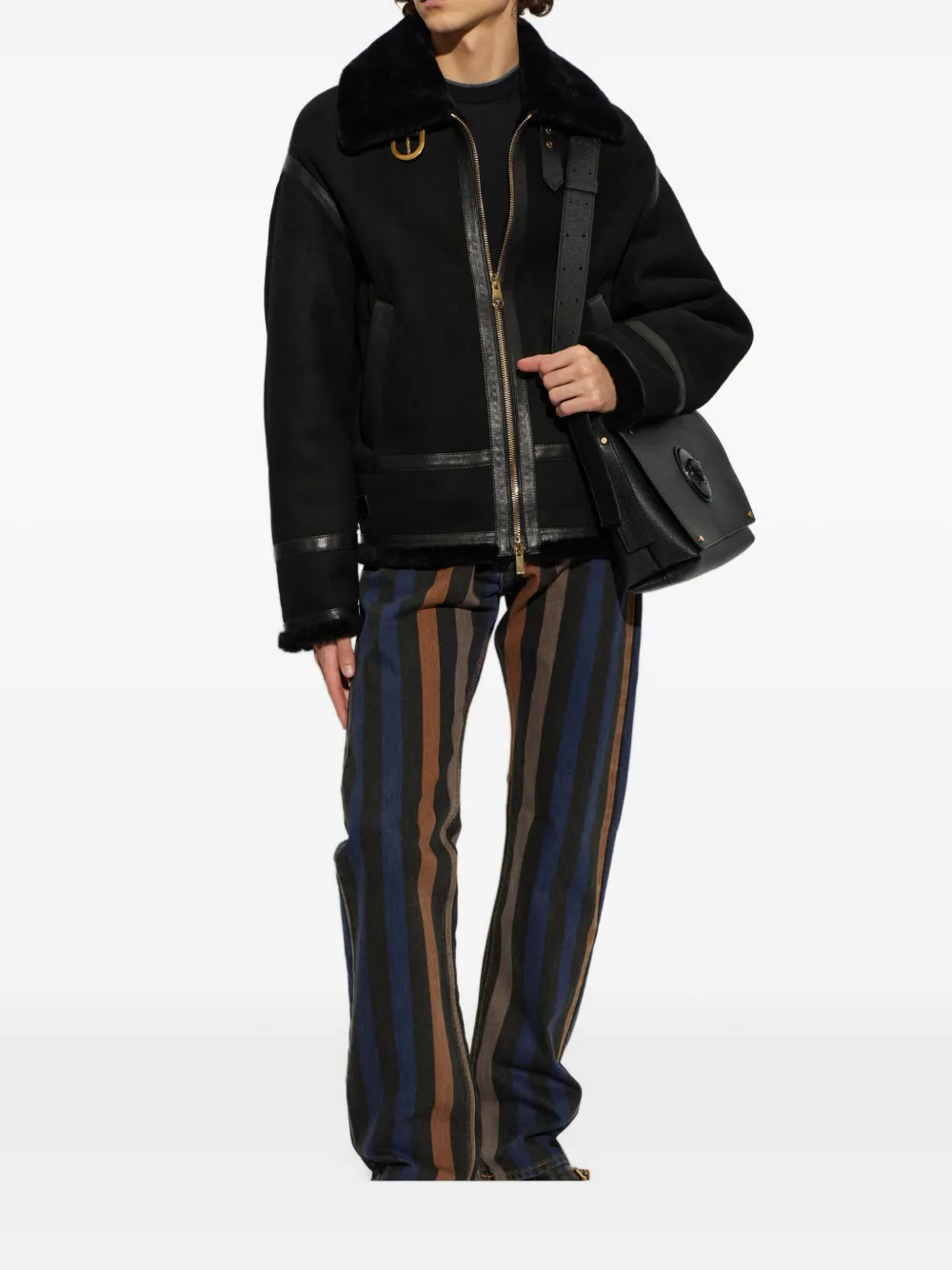 Versace shearling-trimmed leather jacket Zwart