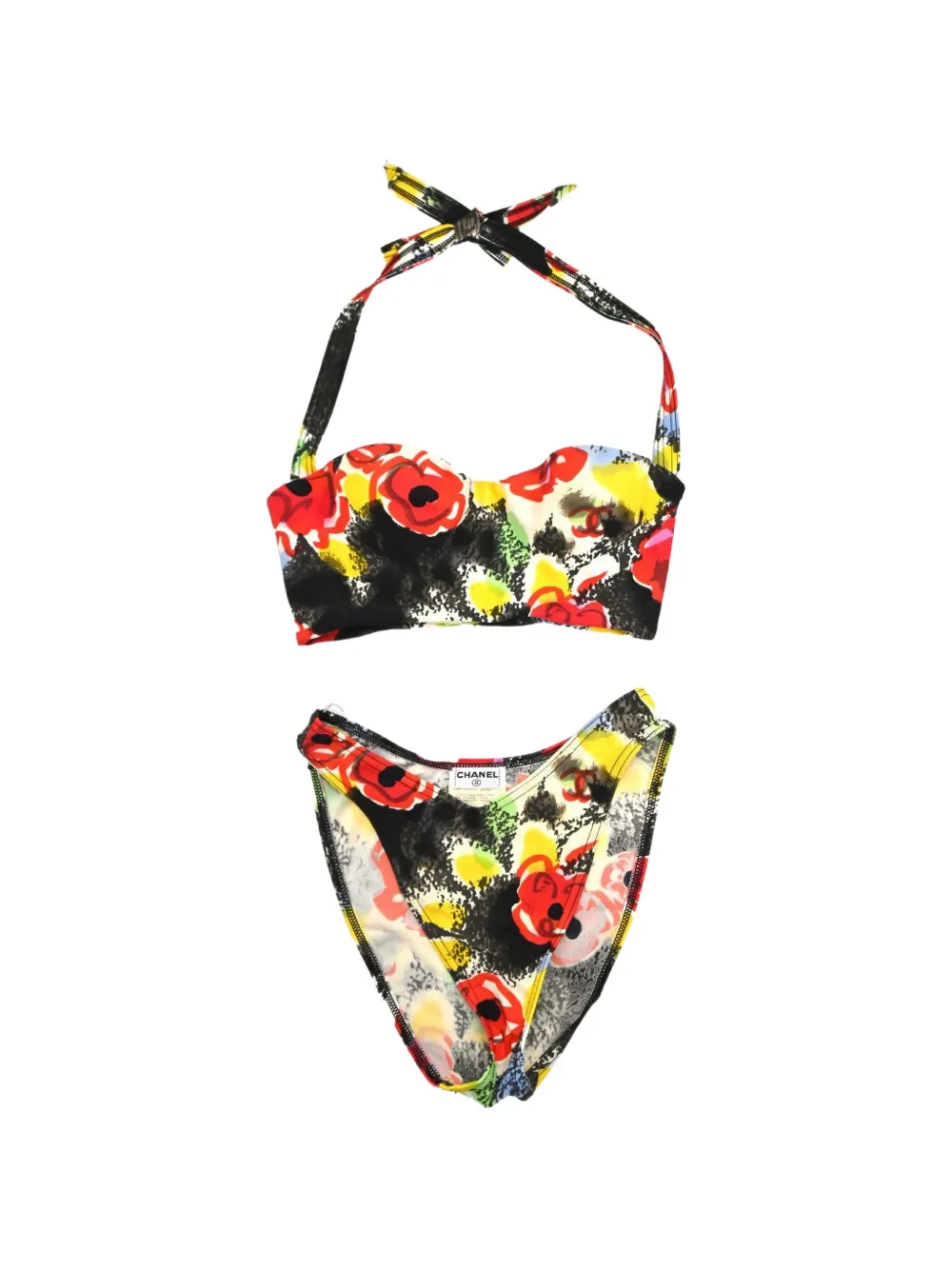 CHANEL Pre-Owned floral-print halterneck bikini - Noir