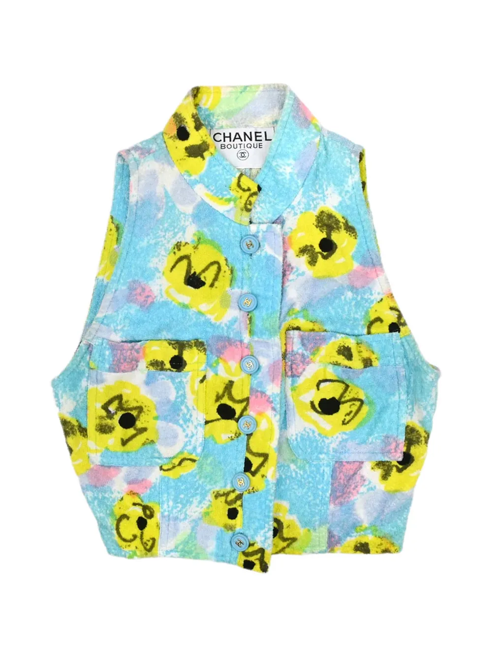 CHANEL Pre-Owned flower-pattern sleeveless jacket - Blu