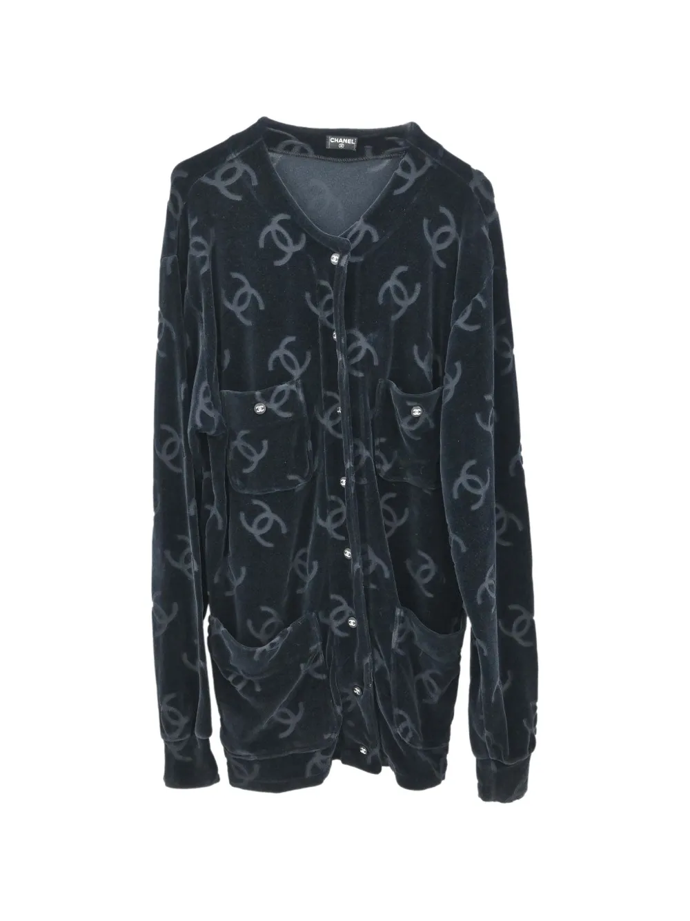 Pre-owned Chanel Cc-pattern Velour Cardigan In Black