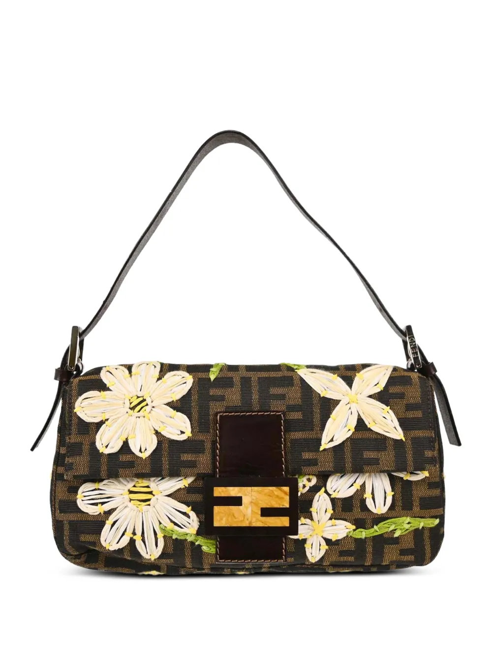 Fendi Pre-Owned Zucca floral-embroidered shoulder bag - Braun