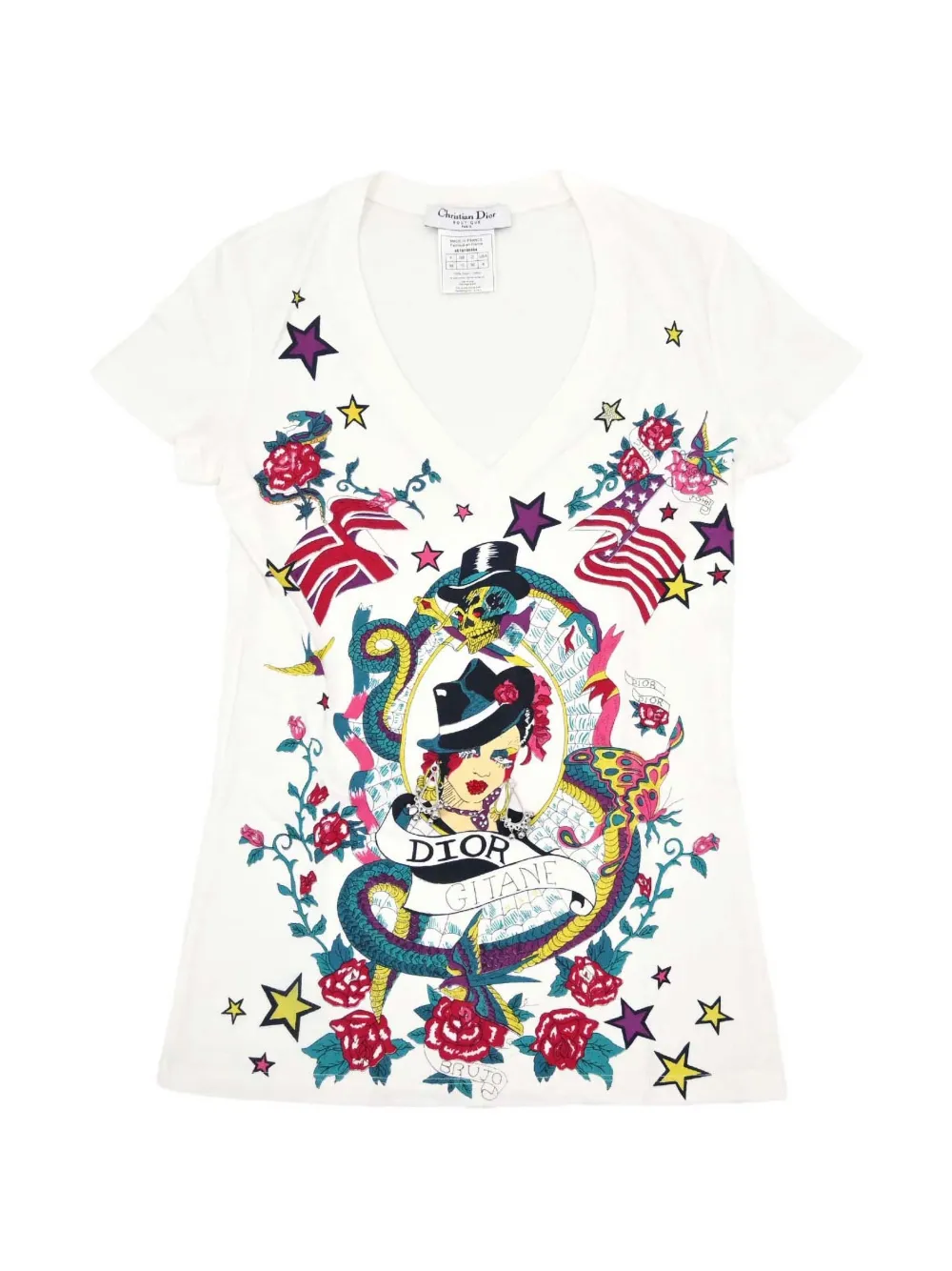 Christian Dior Pre-Owned rhinestone-embellished graphic-print T-shirt - Blanc