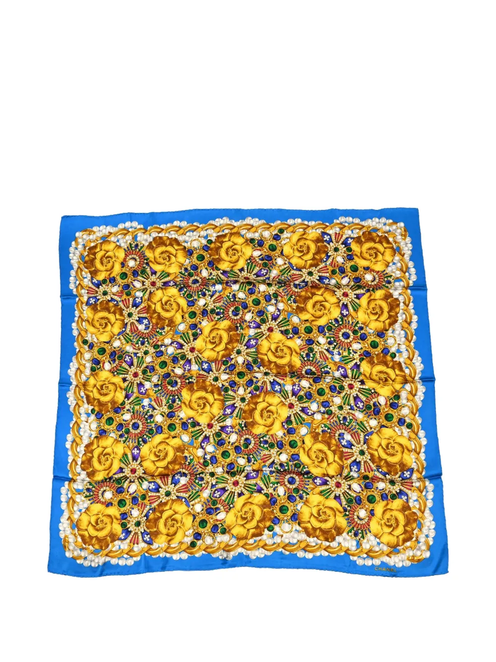 CHANEL Pre-Owned Camellia jewel-print scarf - Blu