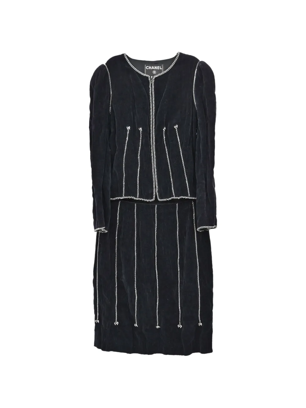 CHANEL Pre-Owned 2006 chain-trim velour skirt suit – Black