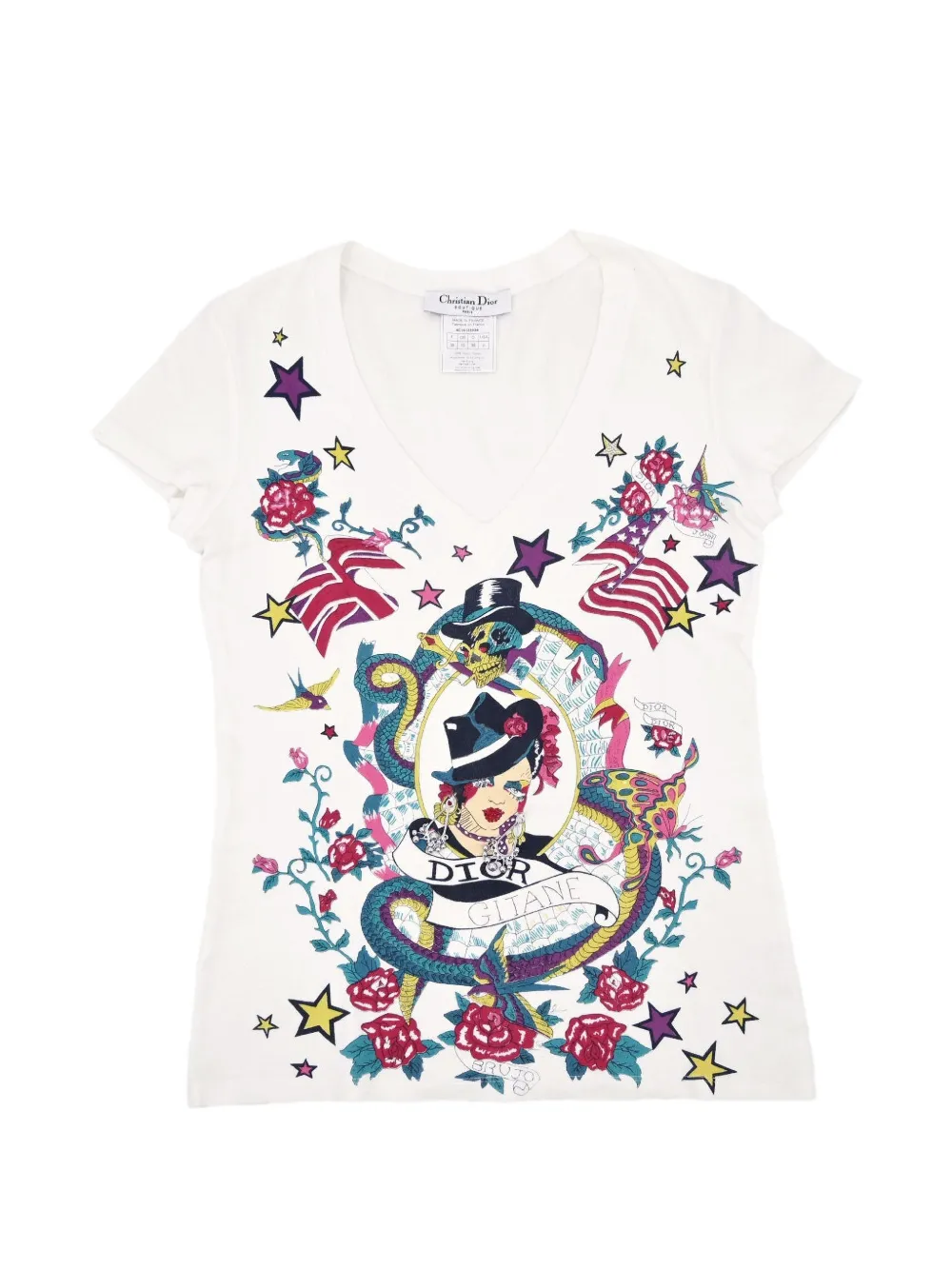 Christian Dior Pre-Owned 2004 rhinestone-embellished graphic-print T-shirt - Blanc