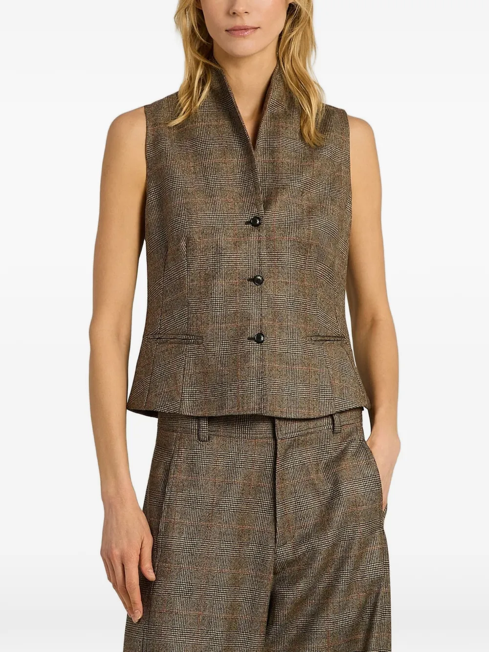 Kiton Geruit gilet met enkele rij knopen Bruin