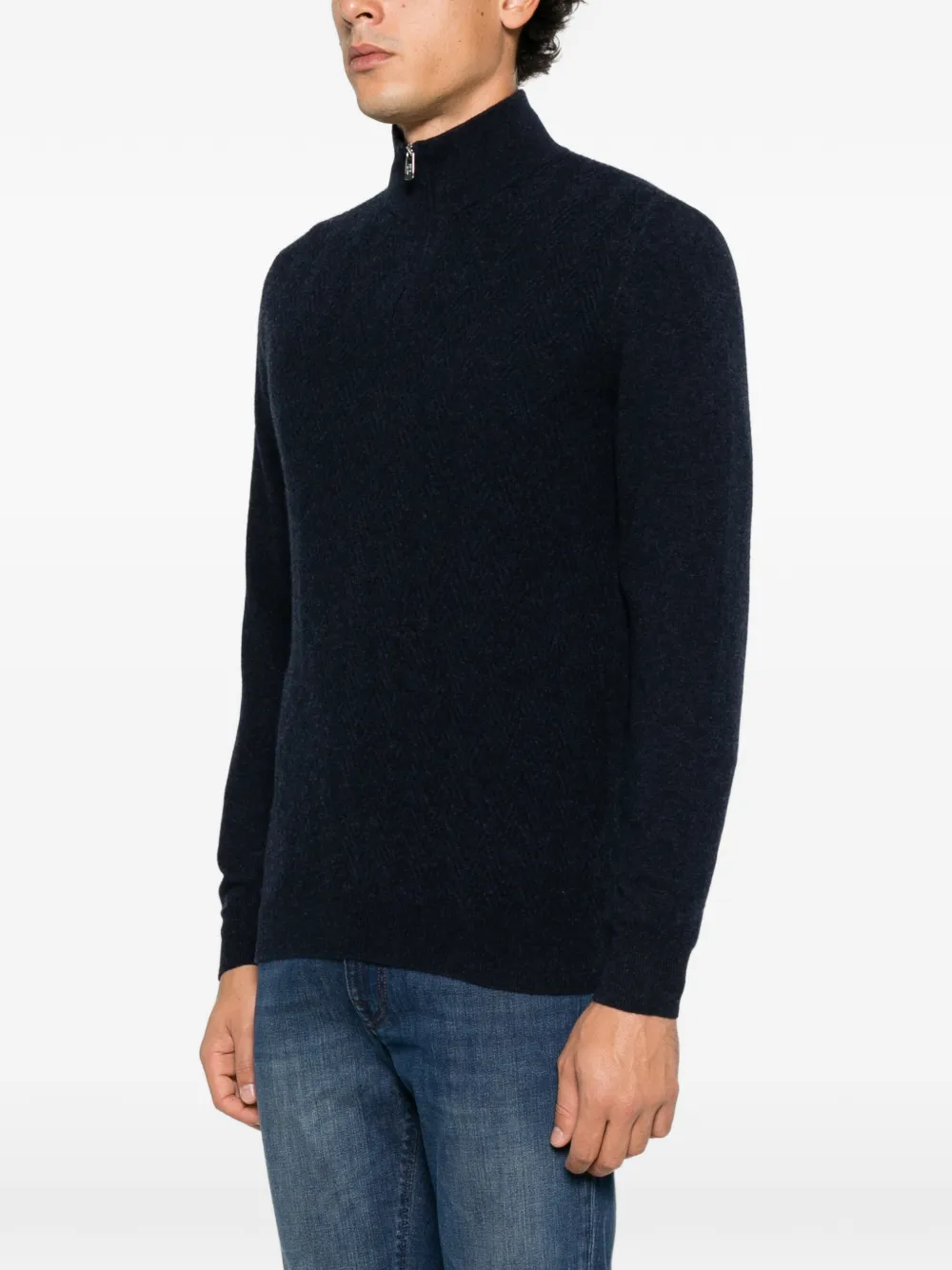 Fedeli chevron-knit quarter-zip sweater Blauw