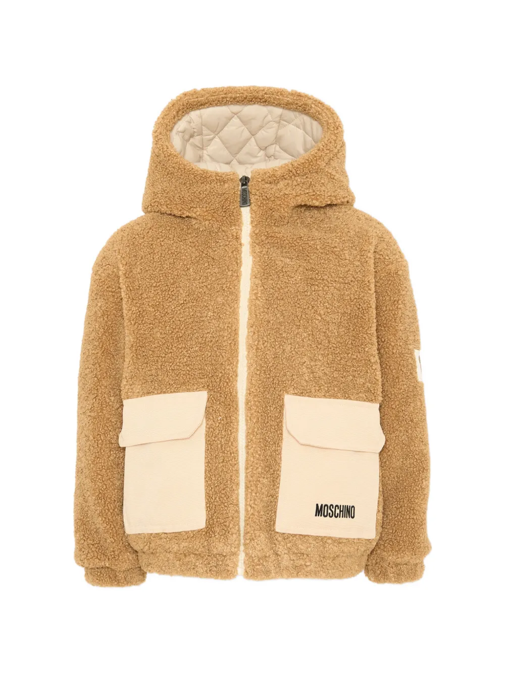 Moschino Kids logo-patch faux-fur jacket - Marron