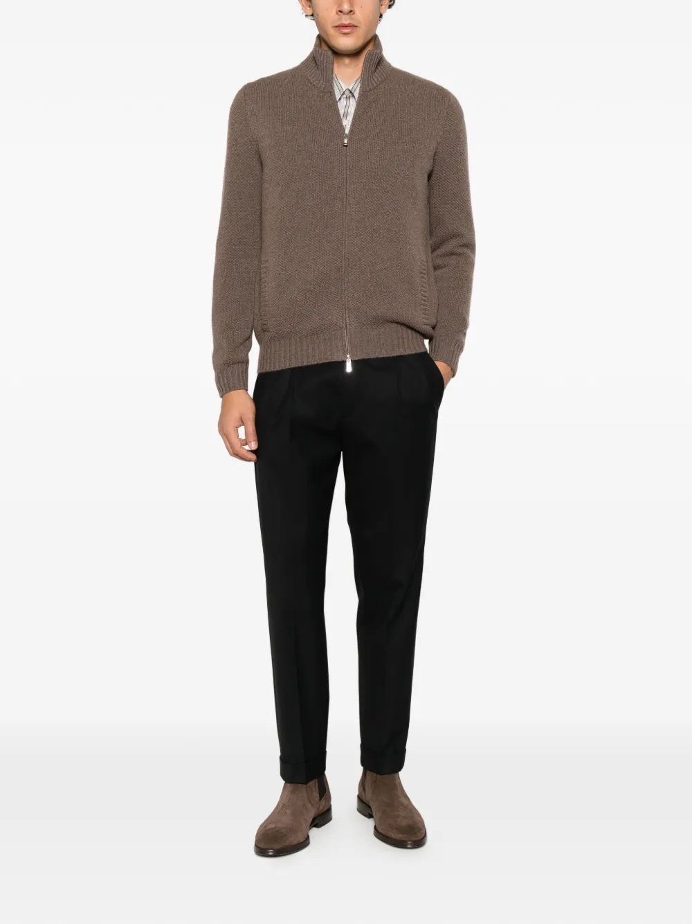 Fedeli zip-up ribbed-knit cardigan Bruin