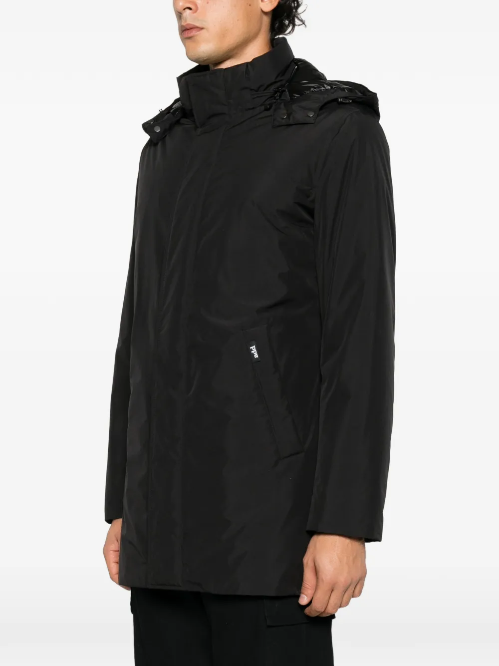 Add hooded concealed-fastening coat Zwart