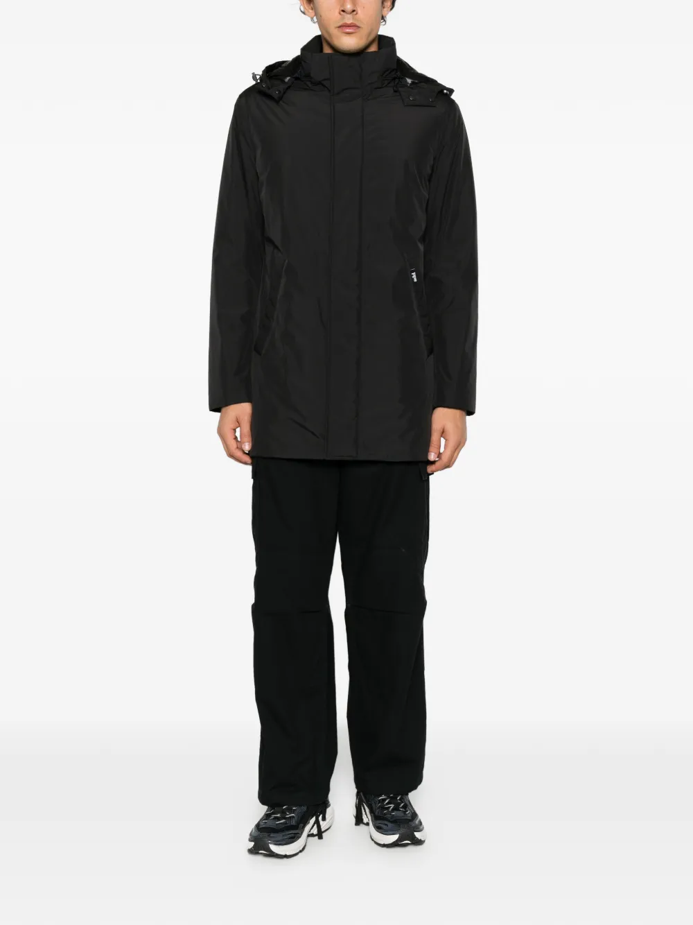 Add hooded concealed-fastening coat Zwart