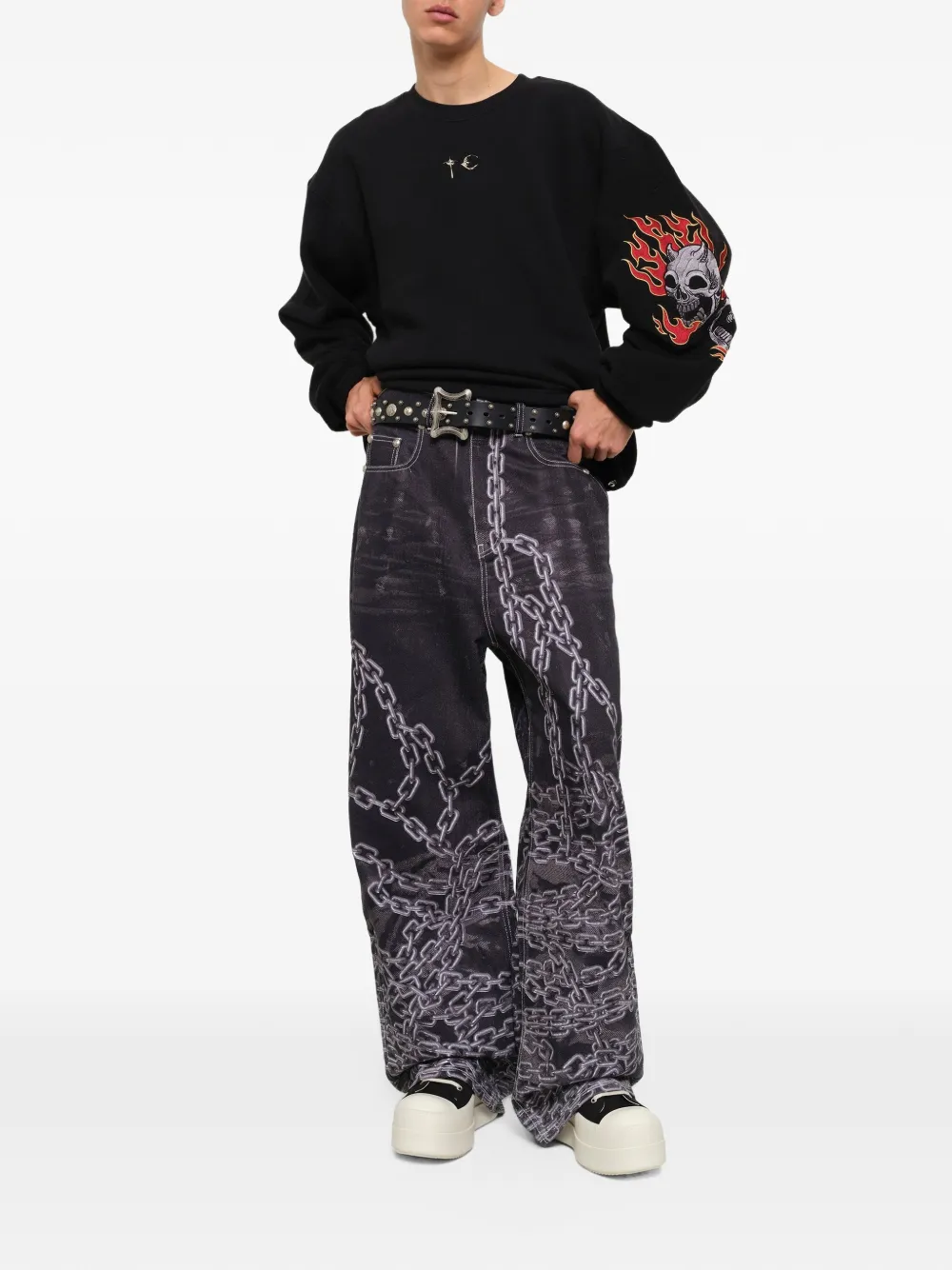 THUG CLUB trompe-l'œil chain-print jeans Zwart