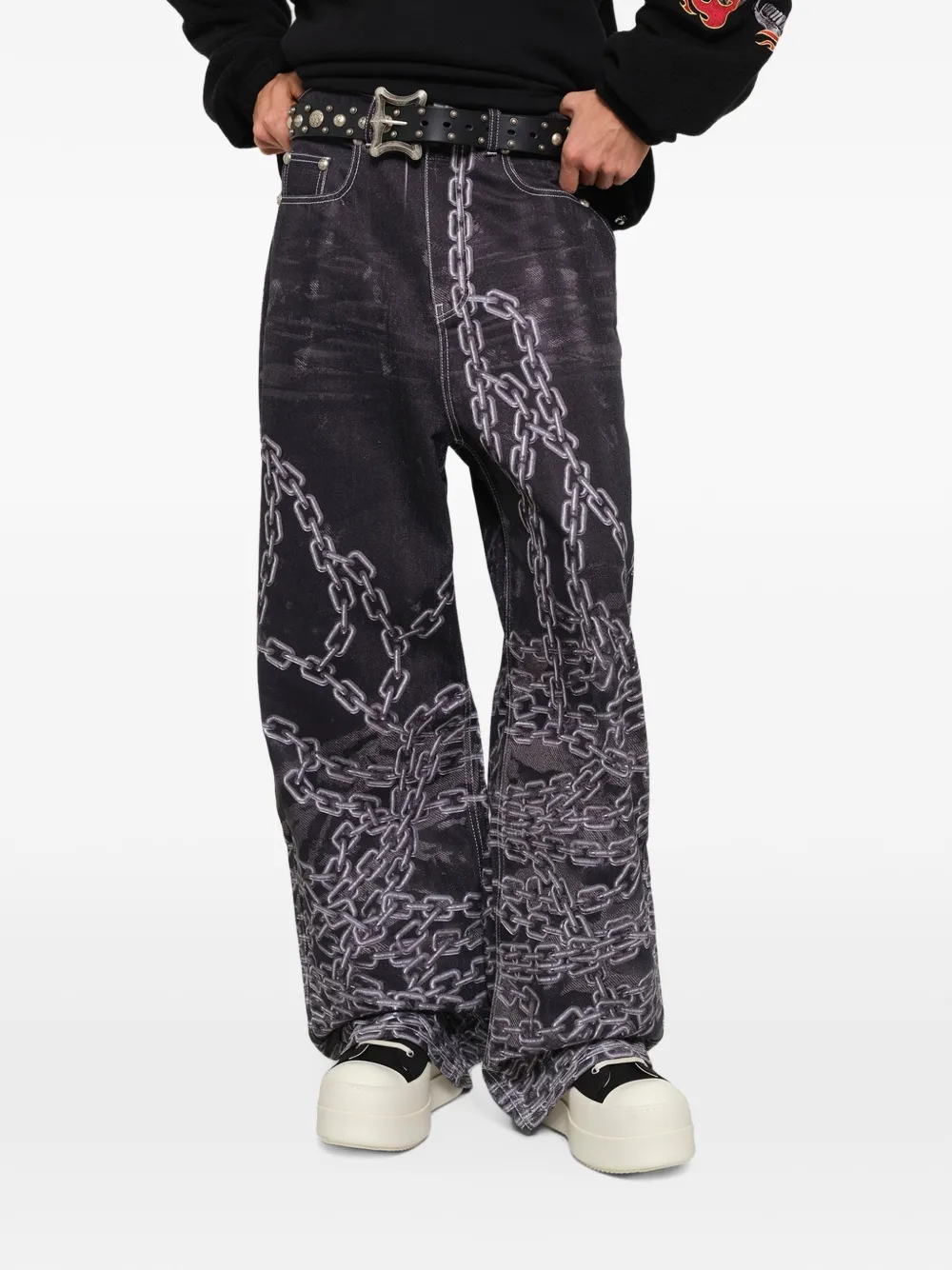 THUG CLUB trompe-l'œil chain-print jeans Zwart