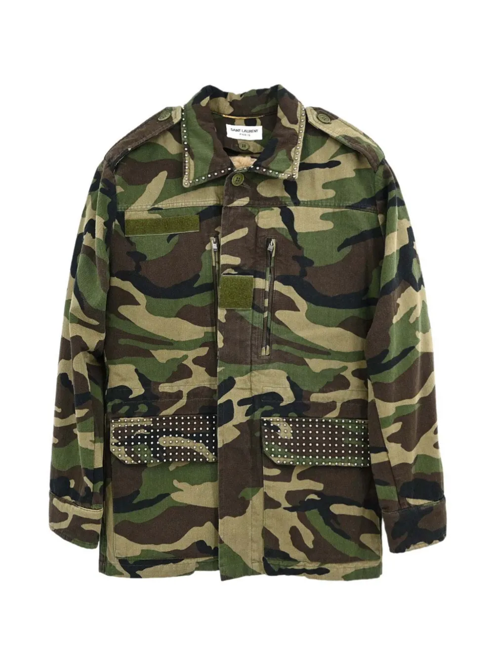Saint Laurent Pre-Owned 2019 camouflage-print studded jacket - Vert Saint Laurent Pre-Owned 2019 camouflage-print studded jacket - Vert