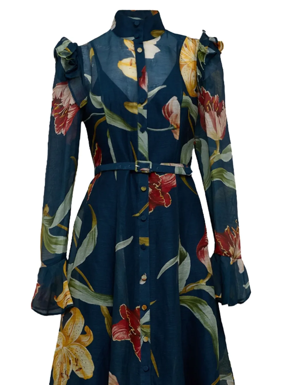 Leo Lin Katrina ruffled-shoulder midi dress Blauw