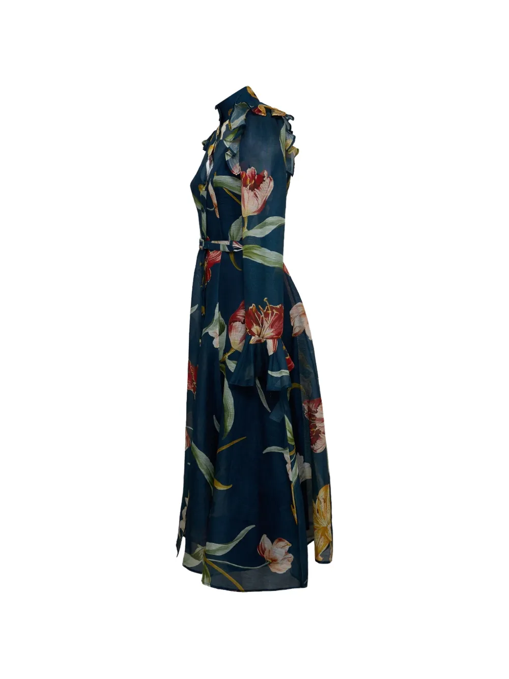 Leo Lin Katrina ruffled-shoulder midi dress Blauw