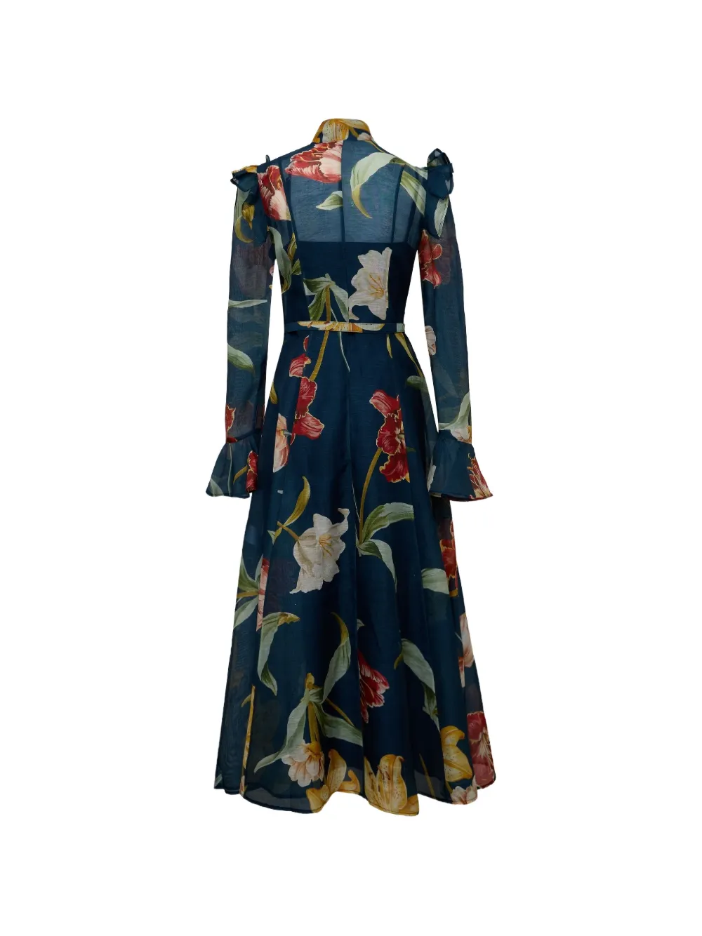 Leo Lin Katrina ruffled-shoulder midi dress Blauw