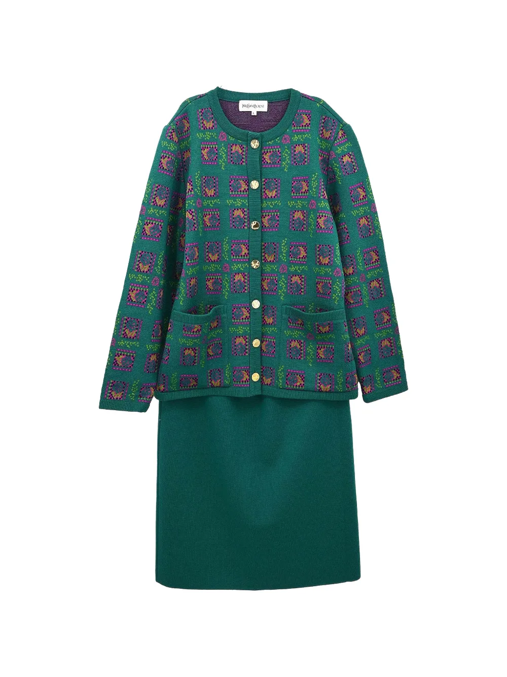 Saint Laurent Pre-Owned Geometric-pattern cardigan and skirt set - Vert