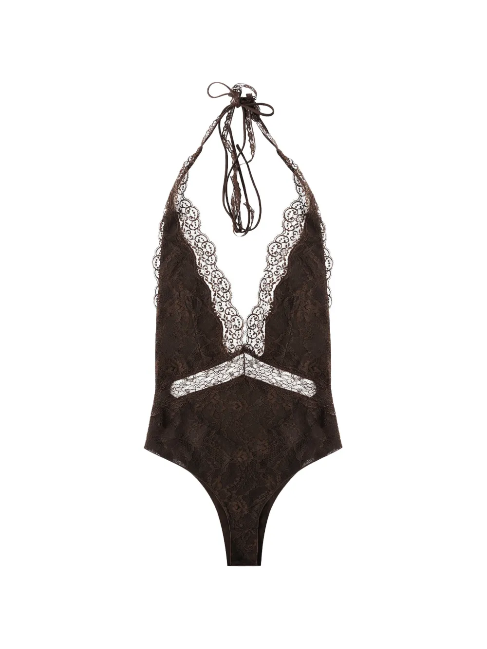 The Andamane Patchwork Lace Bodysuit In Brown