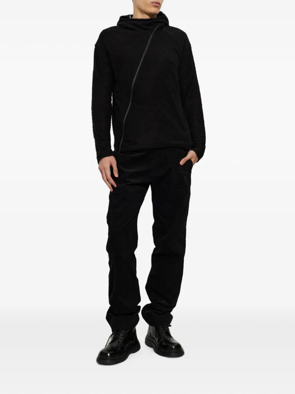 Post Archive Faction asymmetric-zip fleece hoodie Zwart