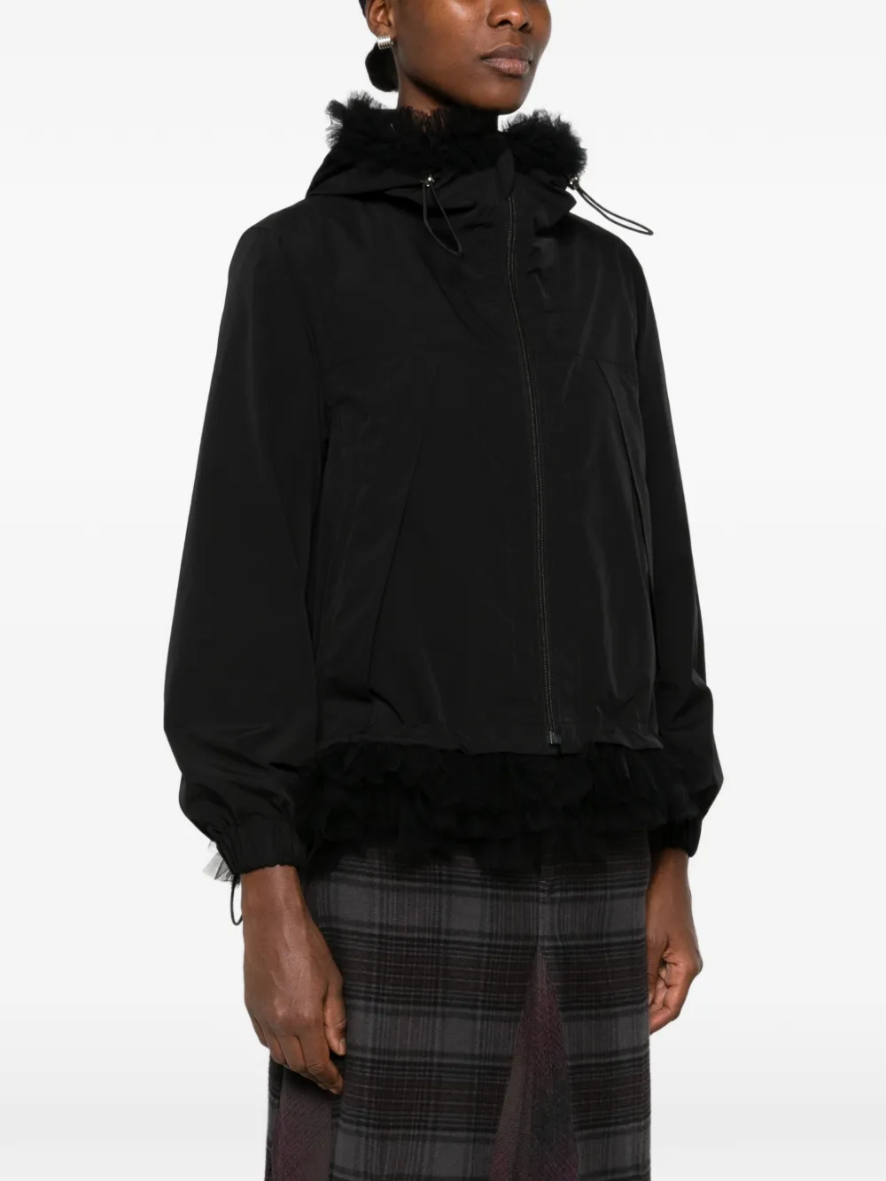 Noir Kei Ninomiya tulle-trim hooded jacket Zwart