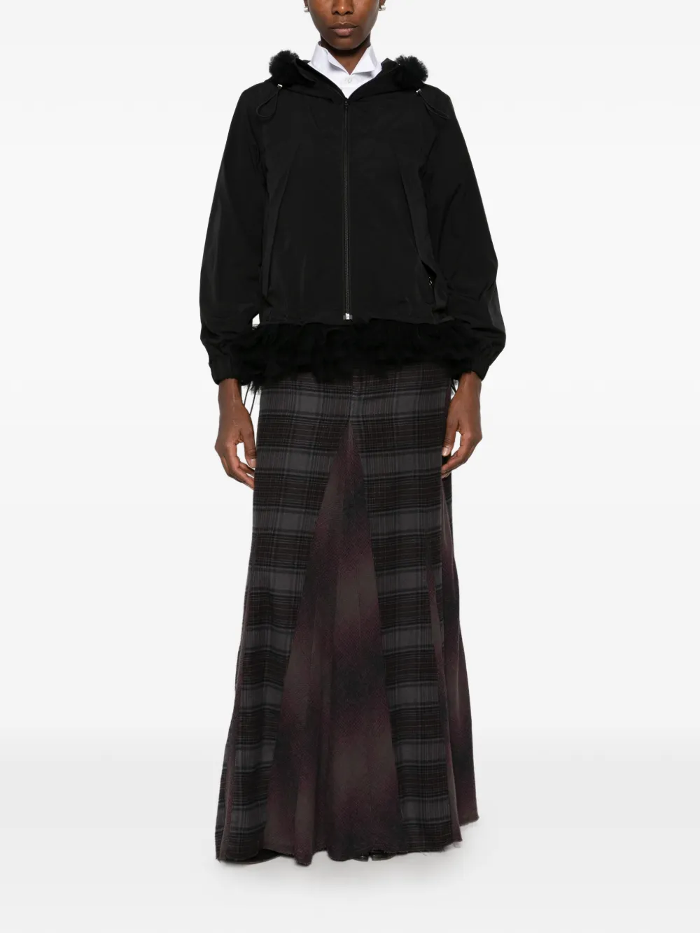 Noir Kei Ninomiya tulle-trim hooded jacket Zwart