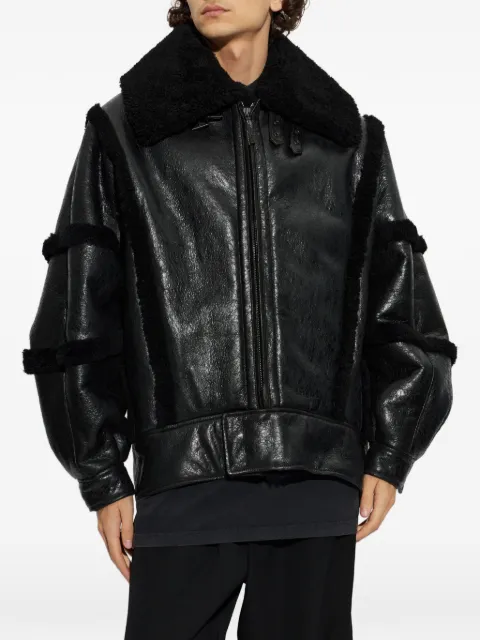 Balenciaga high collar leather jacket with shearling details and lining in black