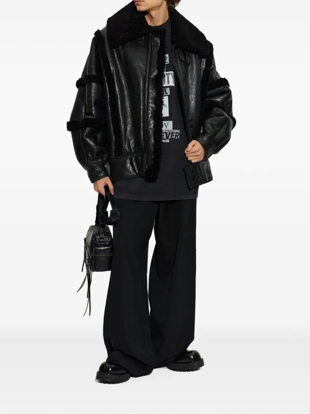 Balenciaga Leren jack met hoge kraag lammy details en voering Zwart