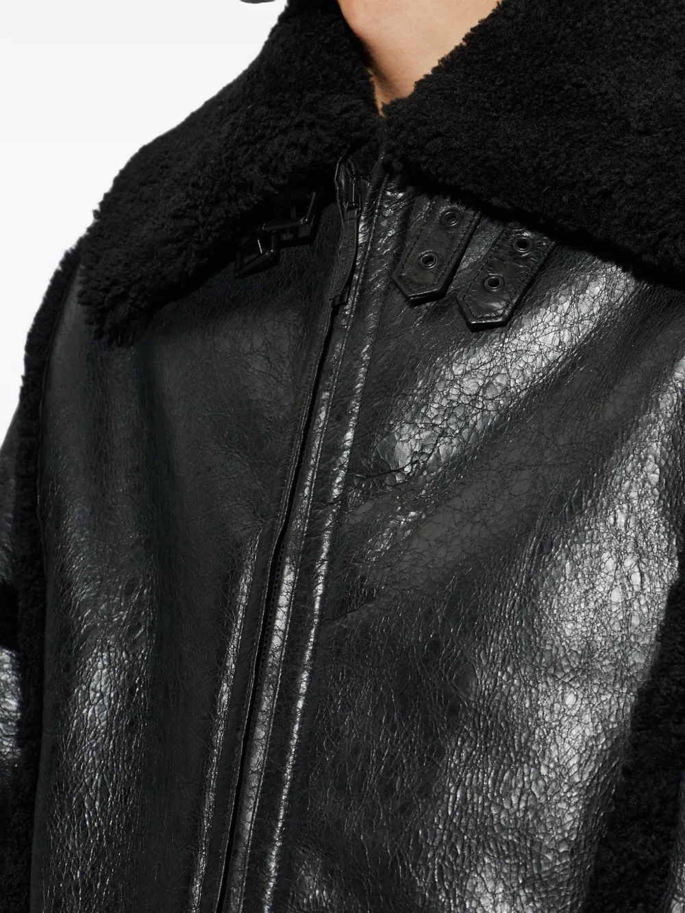 Balenciaga Leren jack met hoge kraag lammy details en voering Zwart
