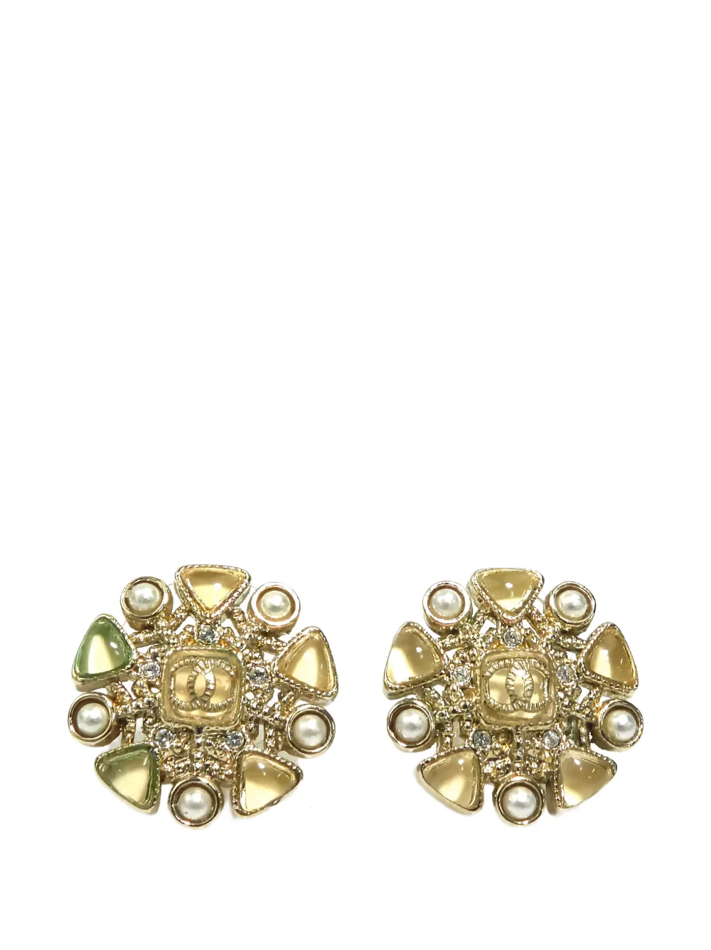 CHANEL Pre-Owned 2019 CC Brass Resin and Faux Pearl Snowflake Push Back Earrings costume earrings - Gold