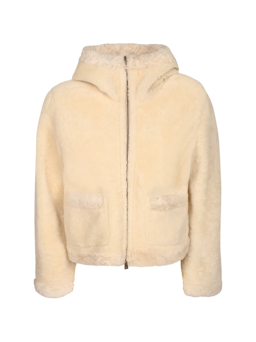 Moncler Leuctre hooded shearling short down jacket Beige