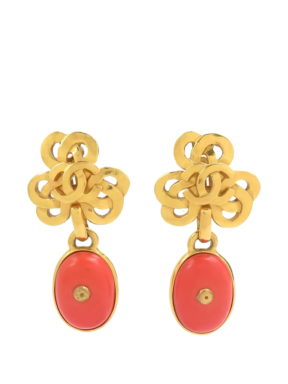 CHANEL Pre-Owned 1997 CC Gold Plated Resin Oval Drop Clip On Earrings costume earrings
