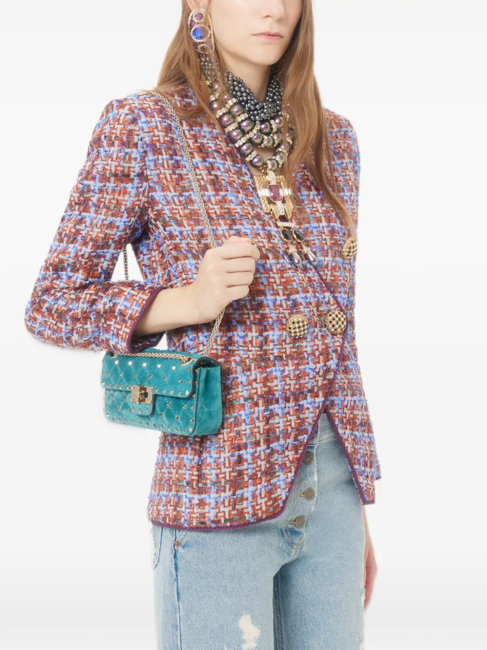 Valentino Garavani Rockstud Spike small shoulder bag in suede Blauw
