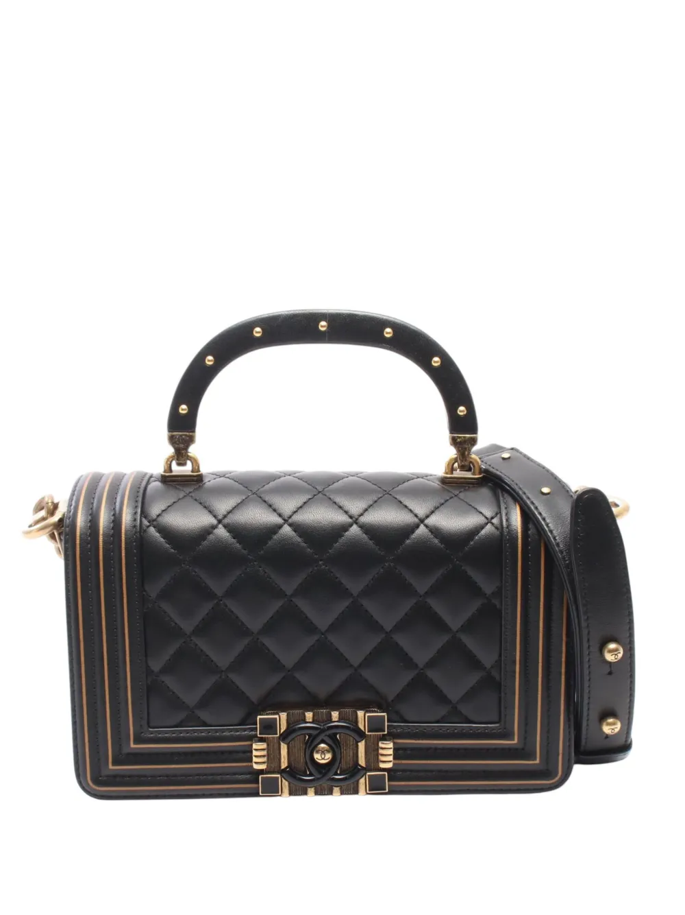 CHANEL Pre-Owned 2017-2018 Small Quilted Lambskin Studded Top Handle Boy Flap Bag satchel - Nero