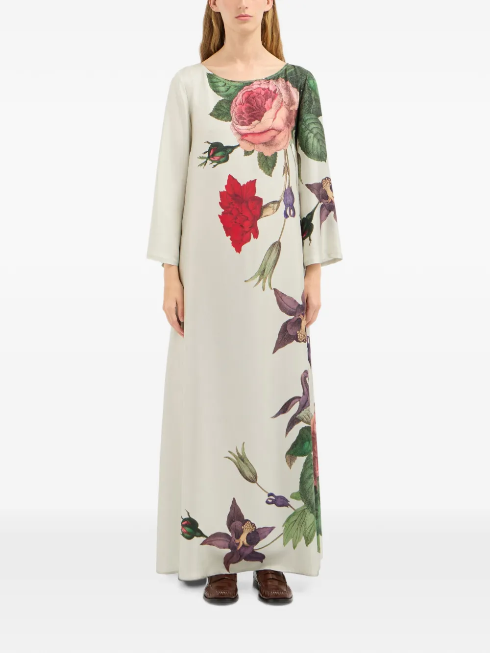 Pierre-Louis Mascia Aloe zijden maxi-jurk met bloemen-print Beige