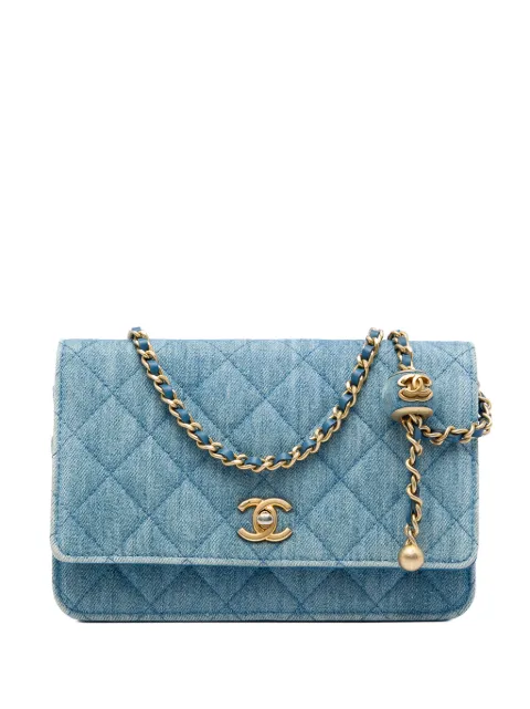 CHANEL Pre-Owned 2021-2026 CC Quilted Denim Pearl Crush Wallet On Chain crossbody bag