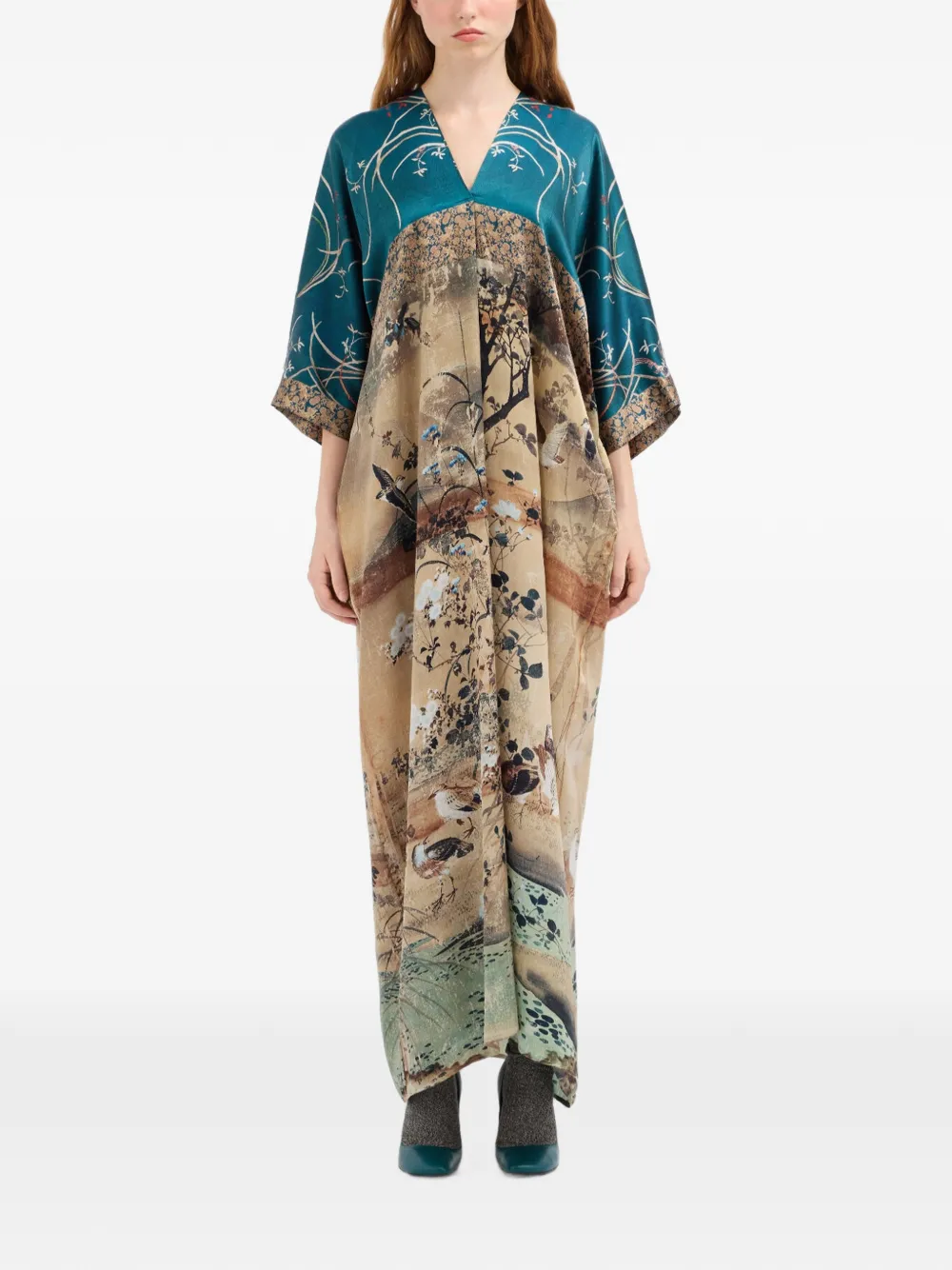 Pierre-Louis Mascia Zijden maxi-jurk met landschaps-print Beige