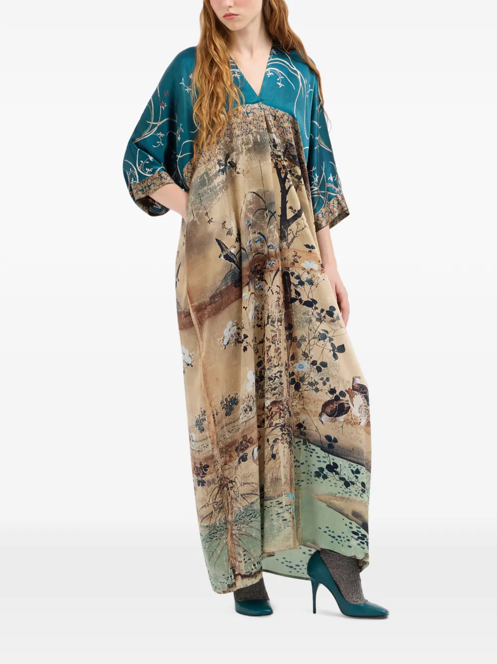 Pierre-Louis Mascia Zijden maxi-jurk met landschaps-print Beige
