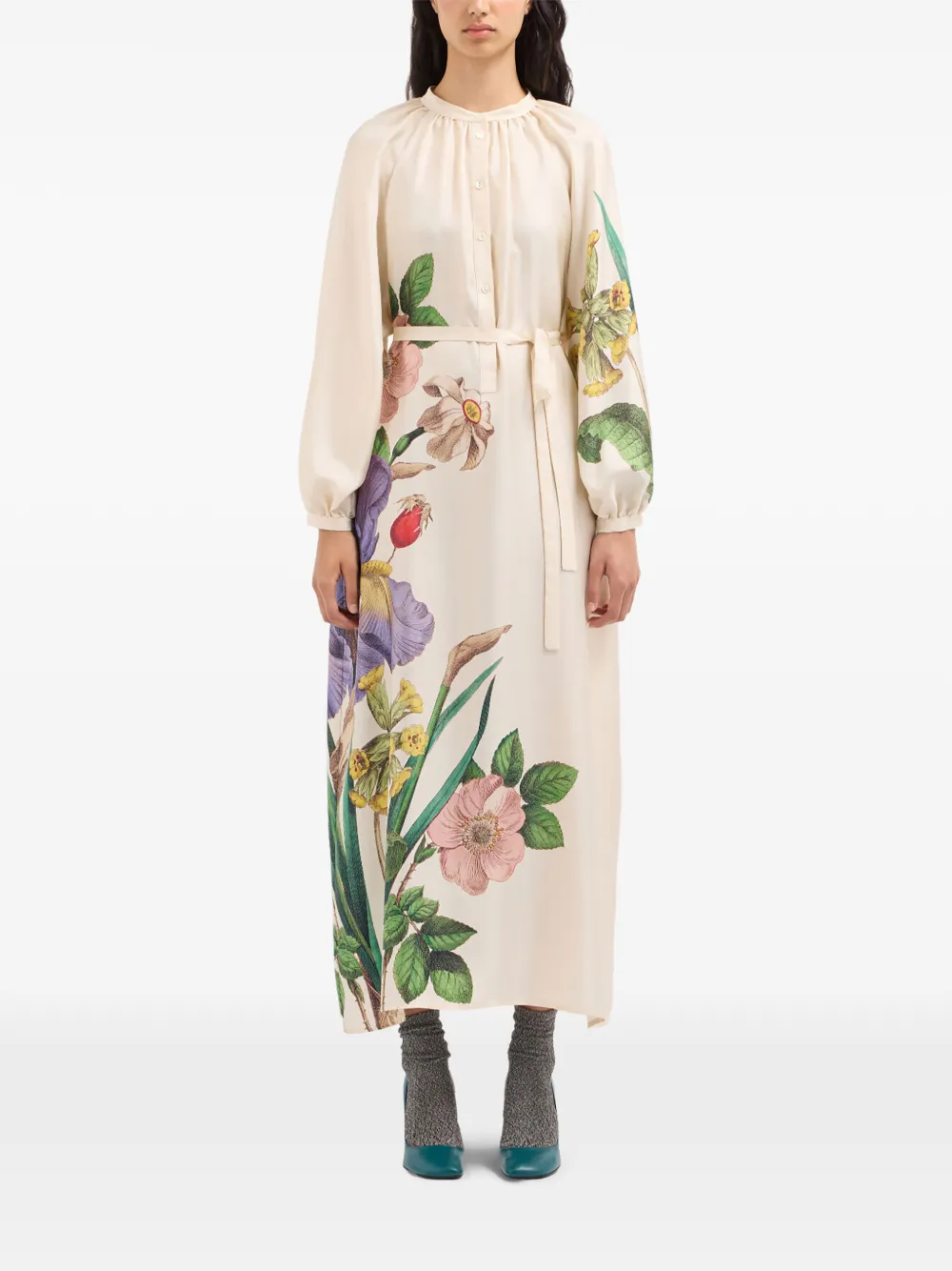 Pierre-Louis Mascia Aloe zijden maxi-blousejurk met bloemenprint Beige
