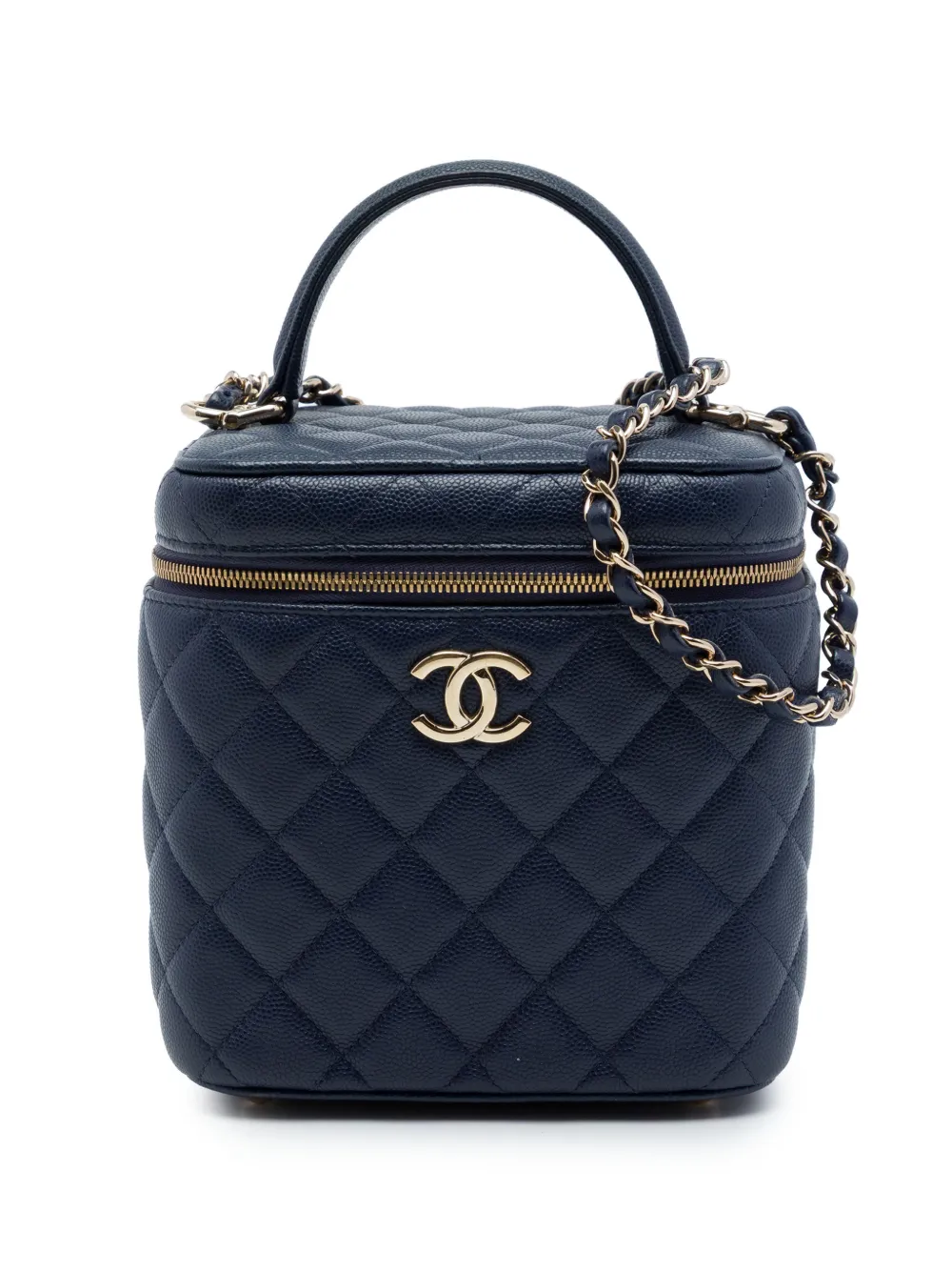 CHANEL Pre-Owned 2021 CC Quilted Caviar Top Handle Vanity Case with Chain satchel - Blu