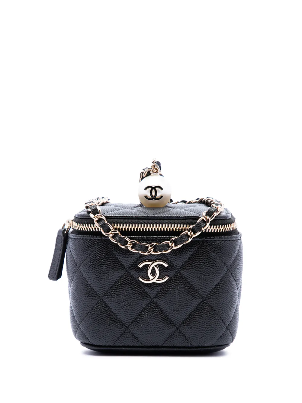 CHANEL Pre-Owned 2021 Mini Quilted Caviar Pearl On Top Vanity Case With Chain clutch bag - Nero